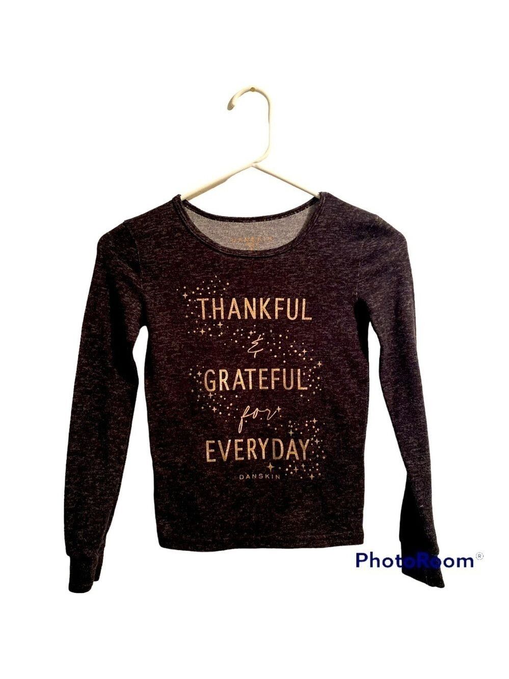 Danskin Girl’s Shirt, Size 8, Grey Charcoal Black “Thankful, Grateful, Everyday”